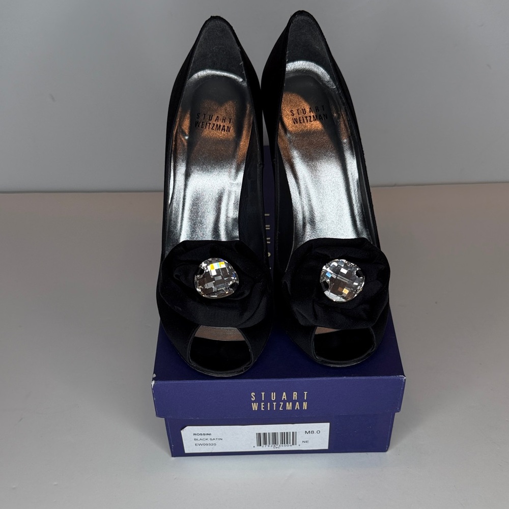 Stuart Weitzman Black Satin Peep Toe Heels with crystal accent
